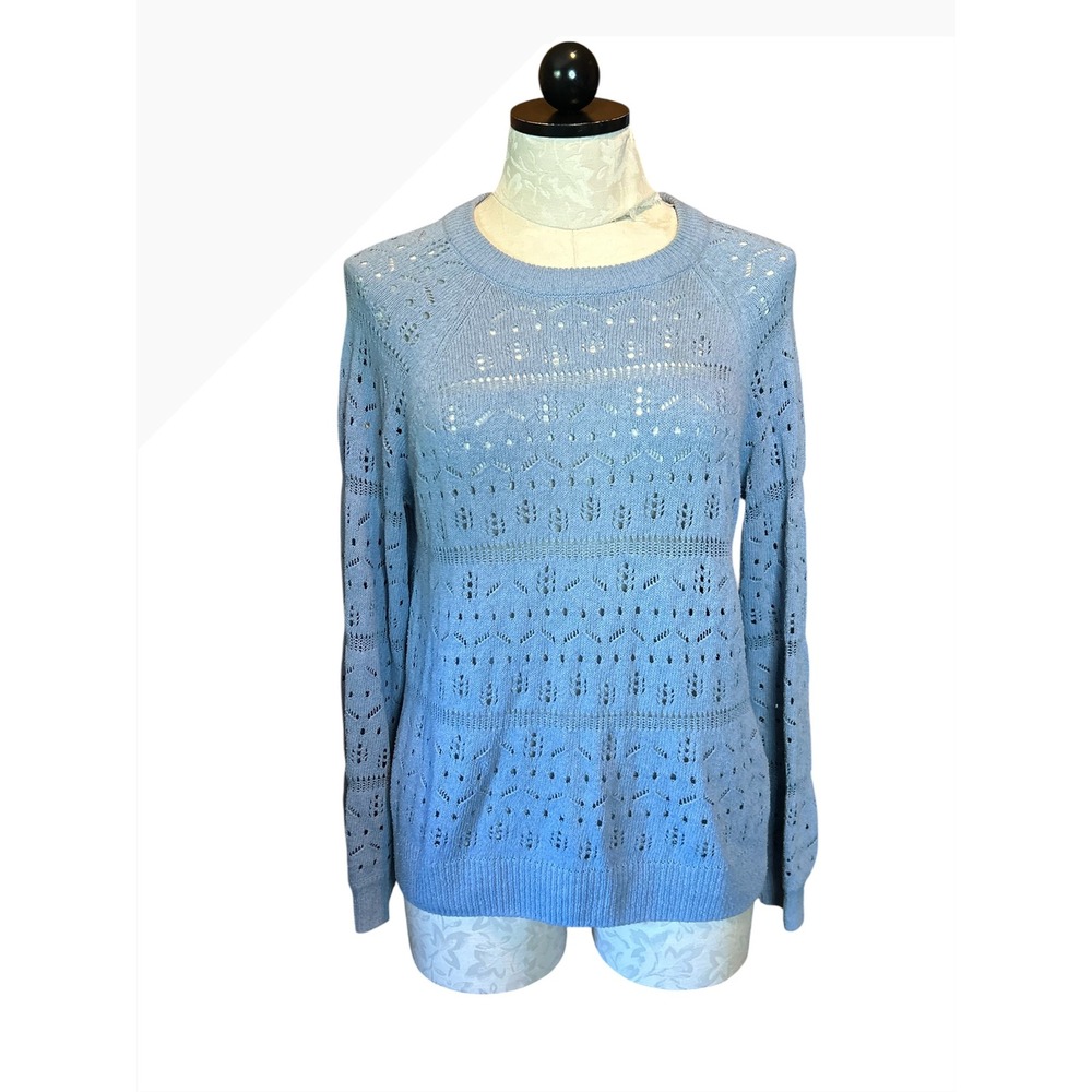 Lucky Brand Womens Light Blue‎ Pointelle Knit Long Sleeve Crewneck Sweater Sz S
